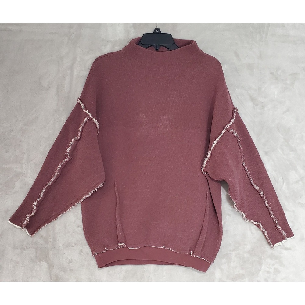 Free People Oversized Mock Neck Sweater Womens XS Burgandy Wine Exposed Seams
